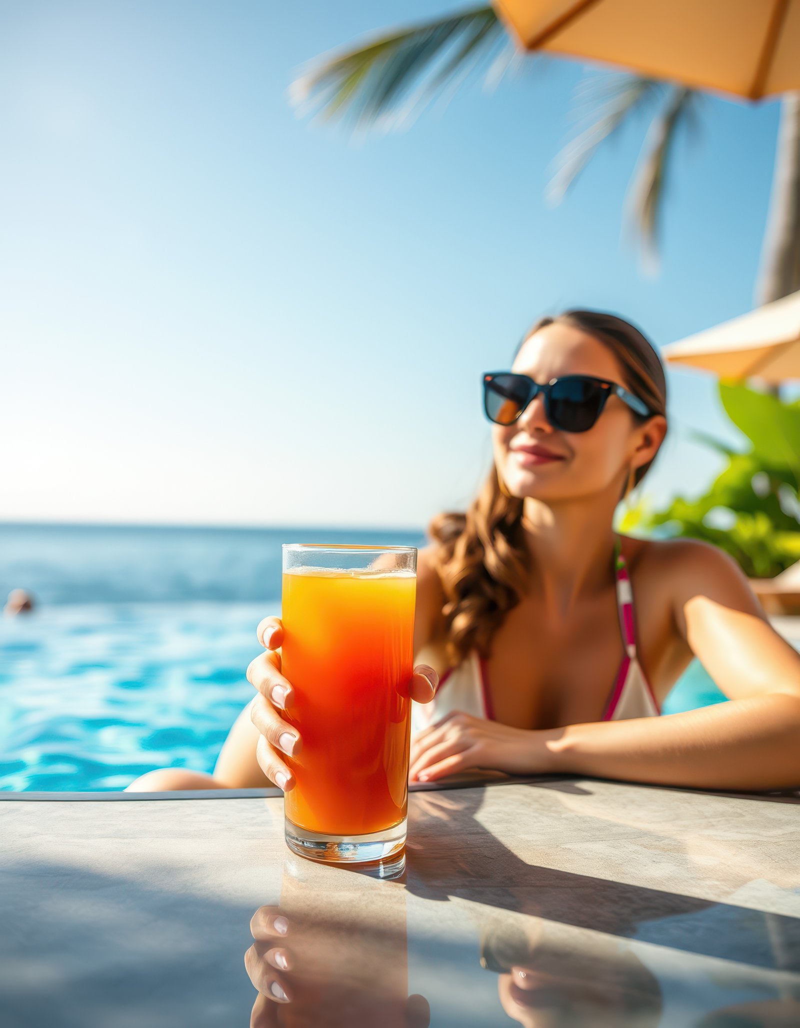 Relaxing by the pool with a refreshing drink under the sun on a tropical afternoon